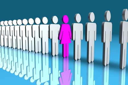 Line of male 3d figures with one pink female figure in the middleの写真素材