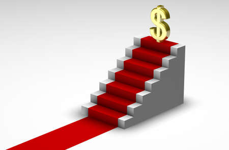 Golden dollar symbol at the top of stairsの写真素材