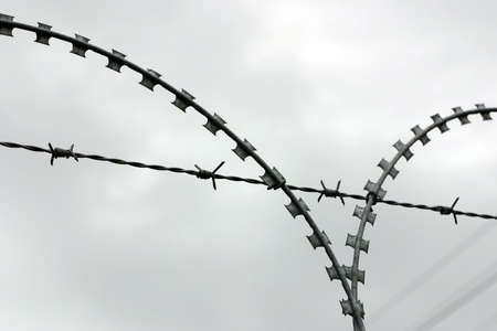 Razor wire with sky ing backgroundの写真素材