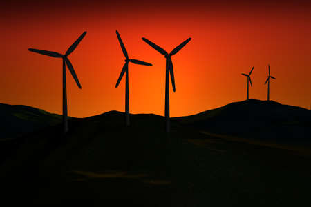 3d Windfarm dark at sunsetの写真素材
