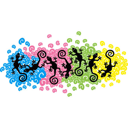 Lizards geckos floating over colorfully spiralsのイラスト素材