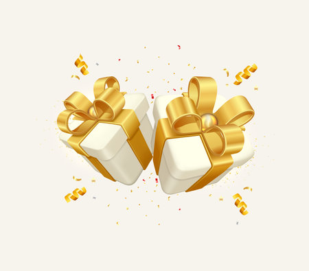 White gift boxes decorative festive object with golden bows and gold sequins confetti on white backgroundのイラスト素材