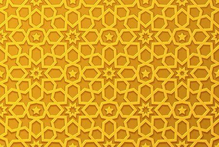Golden background with 3d pattern in Islamic ornament vector style. Ramadan round pattern elements. Persian motif style. Geometric circular ornamental for your design.のイラスト素材