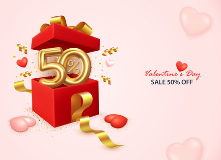 Valentine's day sale 50% off banner with open gift box, hearts, ribbon and confetti on pink. Flyer, brochure, banner, poster or promotion and shopping templateのイラスト素材