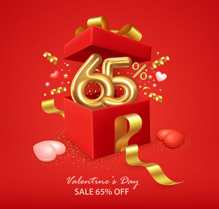 Valentine's day sale 65% off poster with open gift box, hearts, ribbon and confetti on red. Flyer, brochure, banner, poster or promotion and shopping templateのイラスト素材