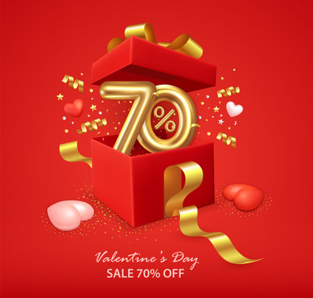 Valentine's day sale 70% off poster with open gift box, hearts, ribbon and confetti on red. Flyer, brochure, banner, poster or promotion and shopping templateのイラスト素材