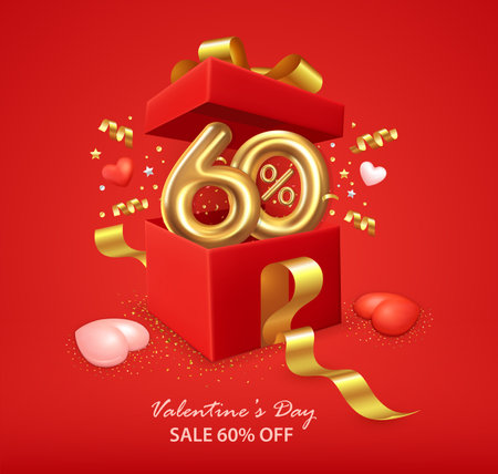 Valentine's day sale 60% off poster with open gift box, hearts, ribbon and confetti on red. Flyer, brochure, banner, poster or promotion and shopping templateのイラスト素材