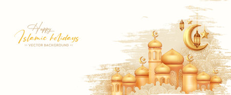 Happy Islamic holidays banner with with golden mosqueのイラスト素材