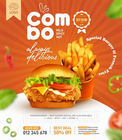 Fried chicken burger and fries social media post design templateのイラスト素材