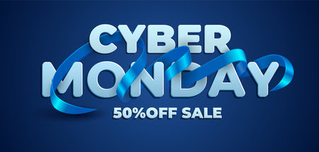 Cyber Monday sale banner with realistic 3d blue ribbonのイラスト素材