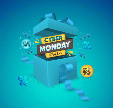 Cyber Monday Sale Text with Realistic Open Gift Box, Confetti and Ribbon on blue Background.のイラスト素材