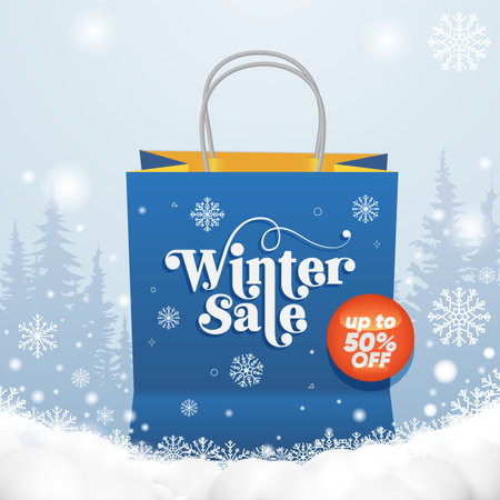 Special Winter Sale with shopping bag and snowflake in the winter landscape. Snowy backgrounds. Vector illustration EPS10のイラスト素材