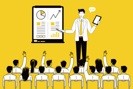Illustration concept of a businessman giving presentation in front of a group of business people in flat vector style.のイラスト素材