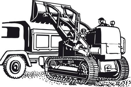 Excavator with truck, Retro Vector Illustrationのイラスト素材