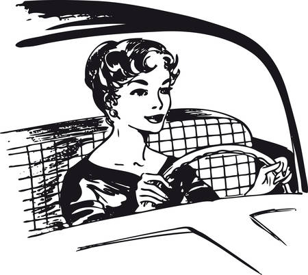 Woman behind the wheel, Retro Vector Illustrationのイラスト素材
