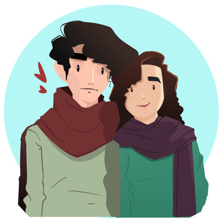 Couple of young man and woman in winter clothes. Vector illustration.のイラスト素材