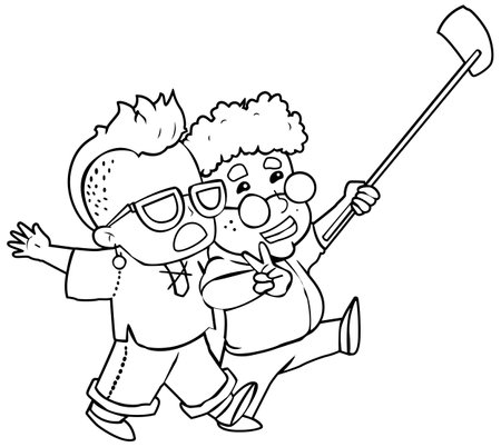 Black and White Cartoon Illustration of Funny Father and Son Playing Golfのイラスト素材
