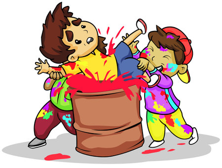 Vector illustration of a boy and girl playing holi in a bucketのイラスト素材