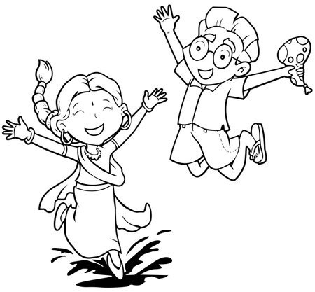Black and White Cartoon Illustration of Happy Kids Jumping or Having Funのイラスト素材