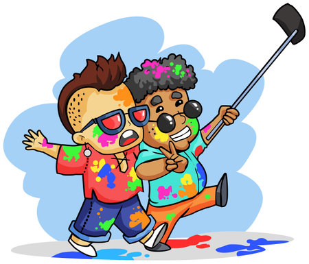 Cartoon Illustration of a Cute Boy and Girl Taking a Selfieのイラスト素材