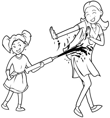 Black and White Cartoon Illustration of Mother and Daughter Playing with a Toy Broomのイラスト素材