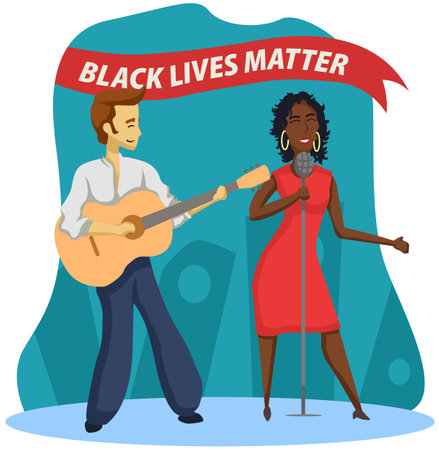 Black Lives Matter, BLM, No Racism, Statement. Young African Americans: man and woman against racism. Black citizens are fighting for equality.のイラスト素材