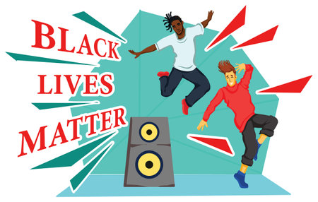 Black Lives Matter concept with man and woman jumping on speaker. Vector illustrationのイラスト素材
