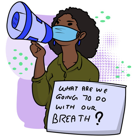 Vector illustration of a black woman in medical mask holding a placard with text and a megaphone.のイラスト素材