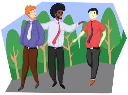 Group of young businessmen walking in the park. Vector illustration in cartoon style.のイラスト素材