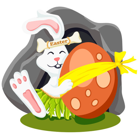 Easter bunny with egg in a cave. Cartoon vector illustration.のイラスト素材