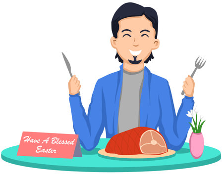Illustration of a Man Holding a Fork and Knife While Eating a Steakのイラスト素材