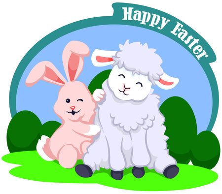 Illustration of Cute Easter Bunny and Sheep Greeting Cardのイラスト素材