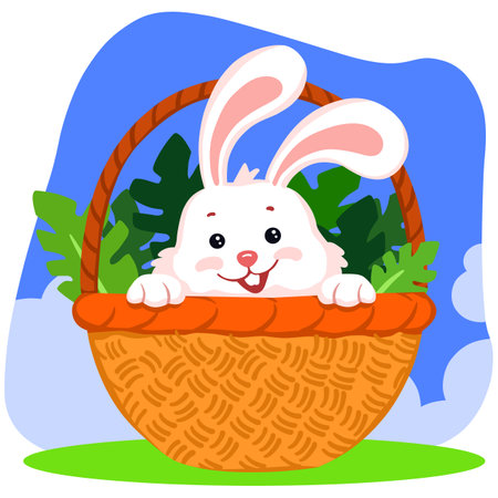 Easter bunny in a basket. Vector illustration in cartoon style.のイラスト素材