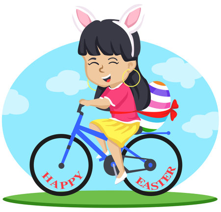 Illustration of a Cute Little Girl Riding a Bicycle and Celebrating Easterのイラスト素材