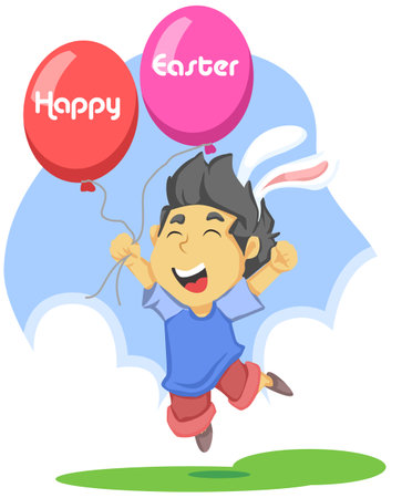 Happy boy jumping with balloons and text happy easter. Vector illustration.のイラスト素材