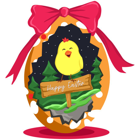Easter greeting card with chicken and christmas tree. Vector illustration.のイラスト素材