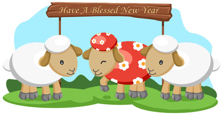 Cute cartoon sheep on the farm. Vector illustration isolated on white background.のイラスト素材