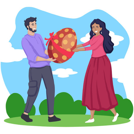 Happy couple holding a gift in the park. Vector illustration in cartoon style.のイラスト素材