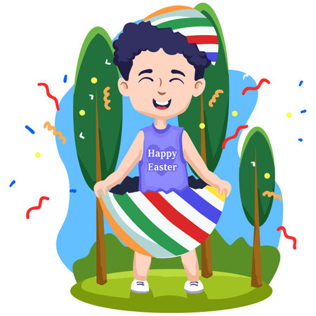 Cute Little Boy Sitting on an Umbrella in the Park. Vector Illustrationのイラスト素材