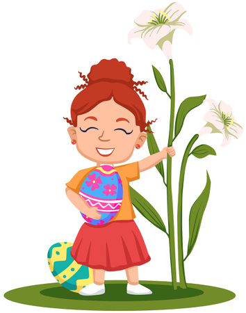 Cute little girl with Easter egg. Vector illustration in cartoon styleのイラスト素材