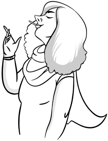 Black and White Cartoon Illustration of a Woman Smoking a Cigaretteのイラスト素材