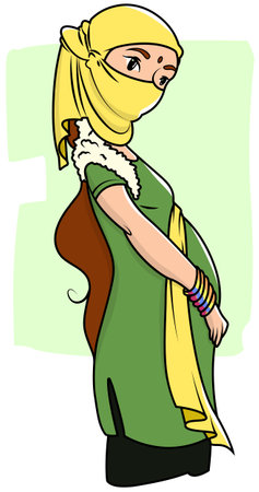 Illustration of a Muslim woman in a green dress with a veilのイラスト素材