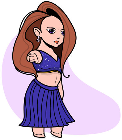 Vector illustration of a girl in a blue skirt pointing at you.のイラスト素材