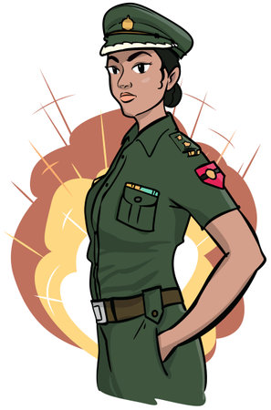 Illustration of a female soldier standing on a white background, wearing a green uniformのイラスト素材