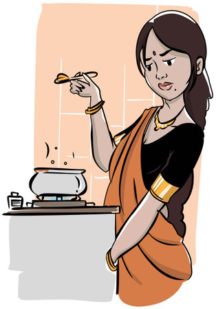Illustration of a beautiful Indian woman cooking in the kitchen at homeのイラスト素材