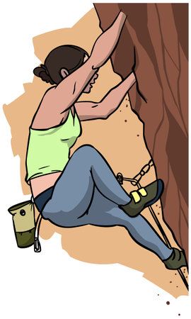 Illustration of a female rock climber climbing on a cliff.のイラスト素材