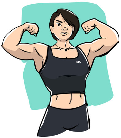 Vector illustration of a woman flexing her biceps on a green backgroundのイラスト素材