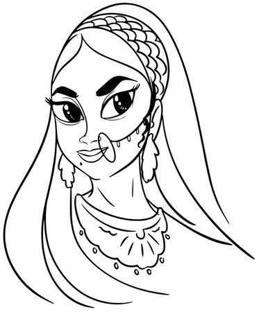 Black and White Cartoon Illustration of Beautiful Muslim Woman Face for Coloring Bookのイラスト素材