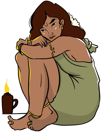 Vector illustration of a sad woman sitting with a cup of coffee.のイラスト素材