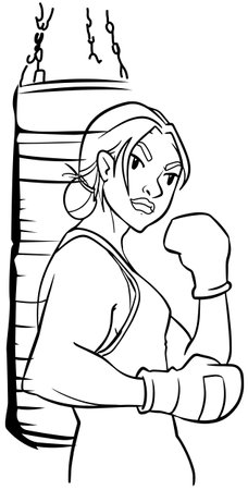 Black and White Cartoon Illustration of a Female Boxer or Fighter Wearing Boxing Glovesのイラスト素材